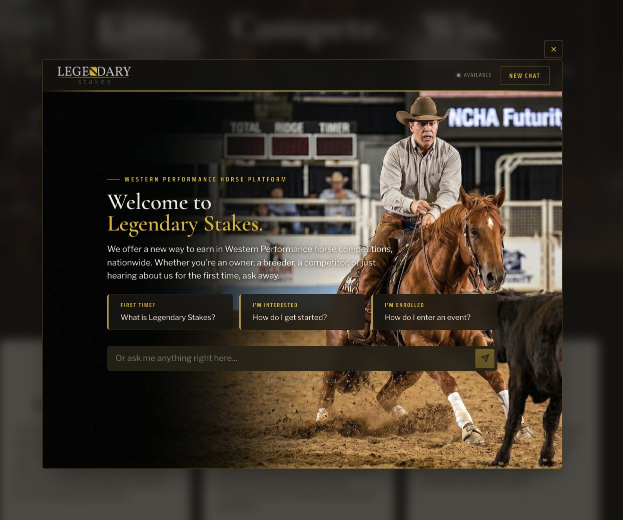 The Legendary Stakes agent over a photograph of a cutting horse at work, with entry points for first-time visitors, interested owners, and enrolled competitors.